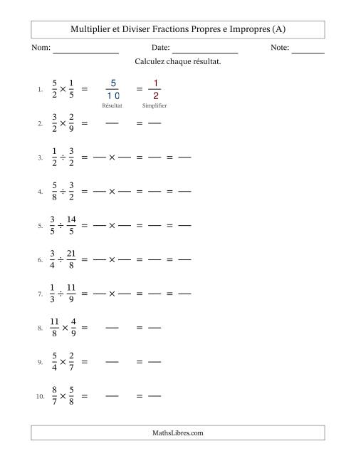 Multiplier et diviser fractions propres e impropres, et avec simplification dans tous les problèmes (Remplissable) (Tout)