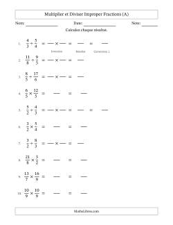 Multiplier et diviser deux fractions impropres, et sans simplification (Remplissable)