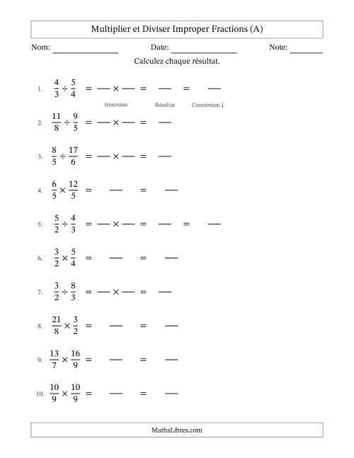 Multiplier et diviser deux fractions impropres, et sans simplification (Remplissable) (A)