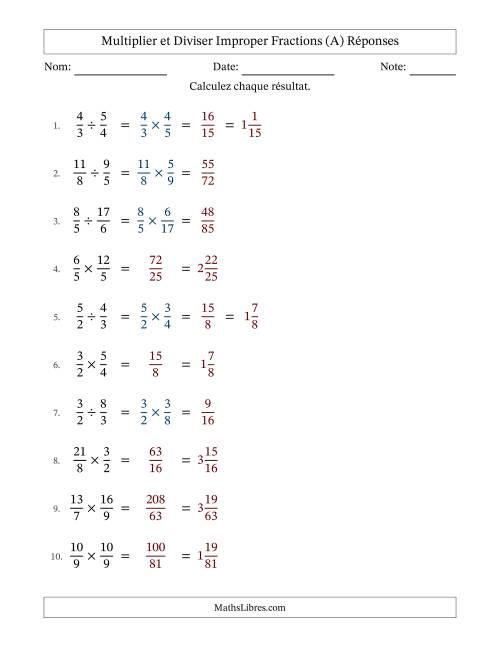 Multiplier et diviser deux fractions impropres, et sans simplification (Remplissable) (A) page 2