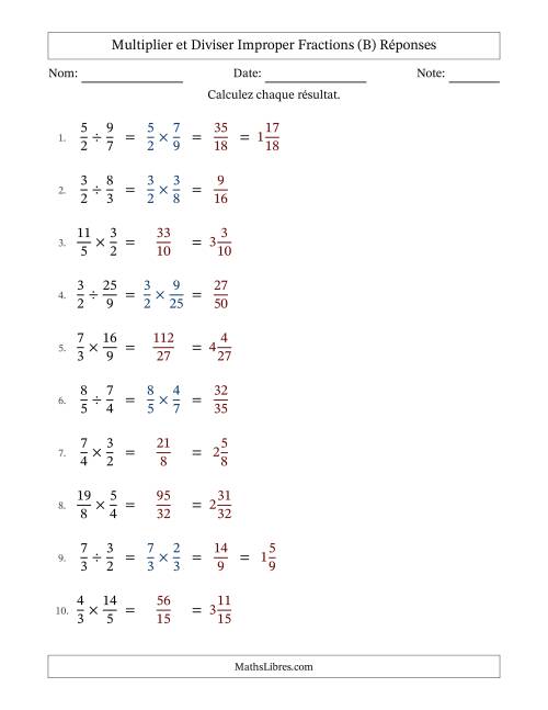 Multiplier et diviser deux fractions impropres, et sans simplification (Remplissable) (B) page 2