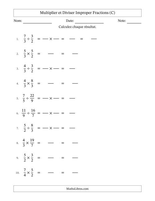 Multiplier et diviser deux fractions impropres, et sans simplification (Remplissable) (C)