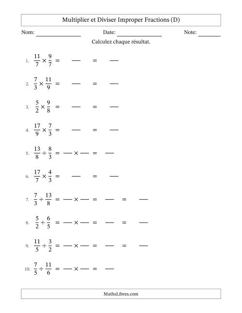 Multiplier et diviser deux fractions impropres, et sans simplification (Remplissable) (D)