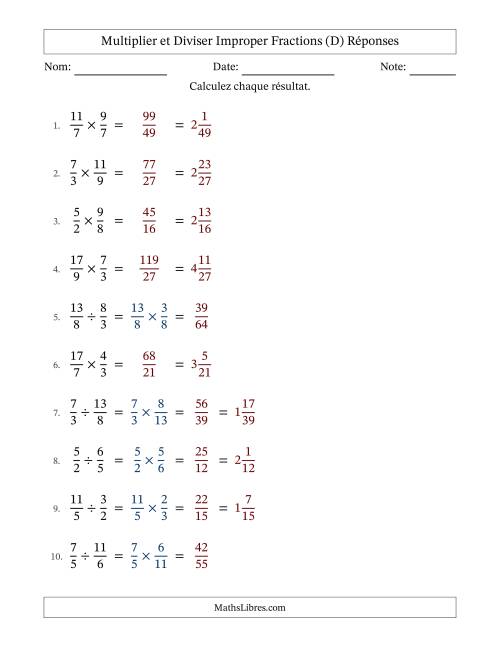 Multiplier et diviser deux fractions impropres, et sans simplification (Remplissable) (D) page 2