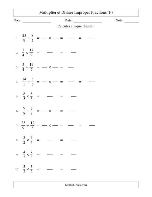 Multiplier et diviser deux fractions impropres, et sans simplification (Remplissable) (F)