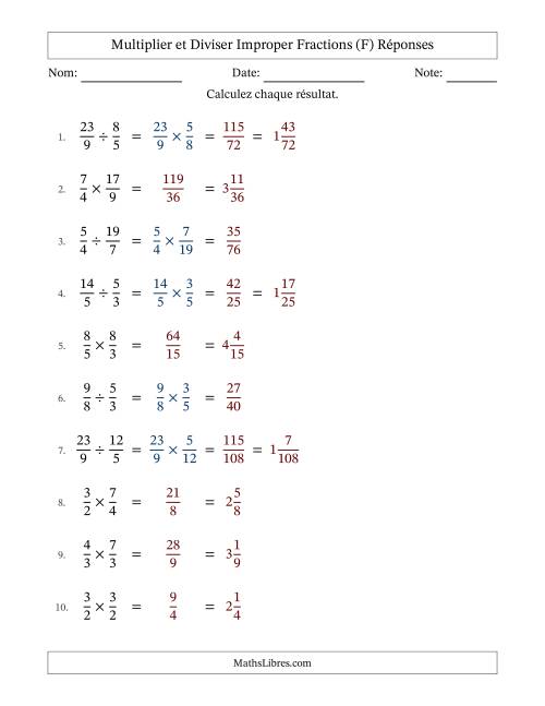 Multiplier et diviser deux fractions impropres, et sans simplification (Remplissable) (F) page 2