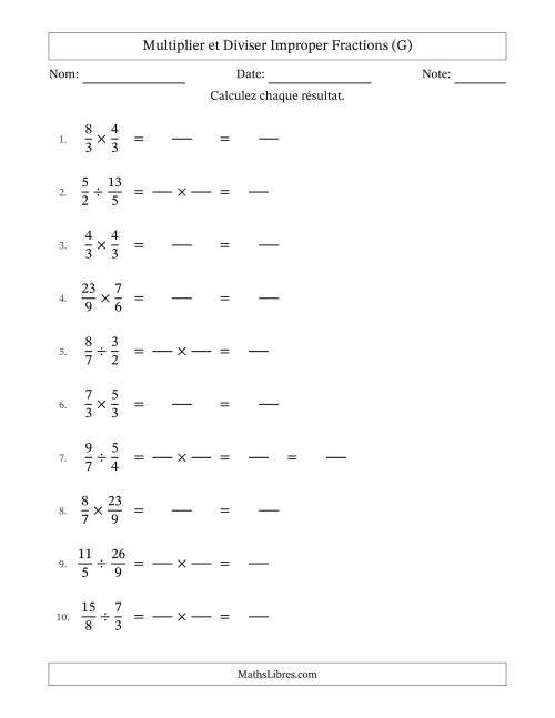Multiplier et diviser deux fractions impropres, et sans simplification (Remplissable) (G)