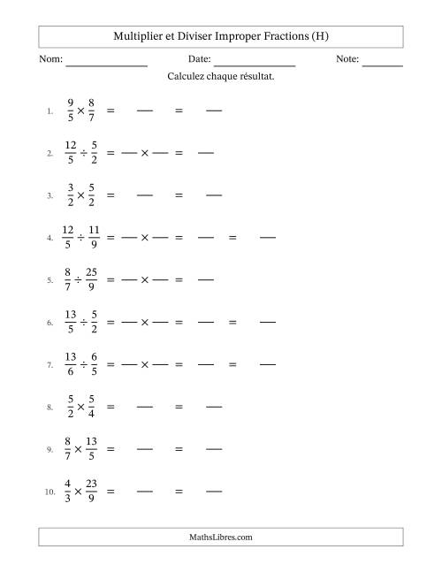 Multiplier et diviser deux fractions impropres, et sans simplification (Remplissable) (H)