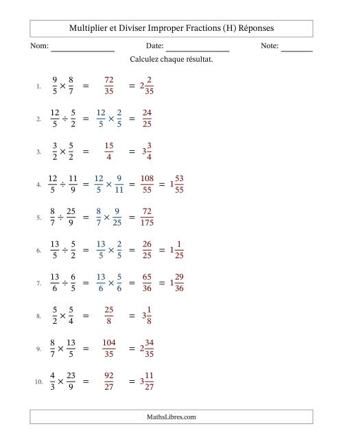 Multiplier et diviser deux fractions impropres, et sans simplification (Remplissable) (H) page 2