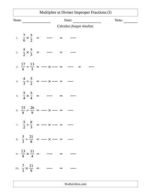 Multiplier et diviser deux fractions impropres, et sans simplification (Remplissable) (I)