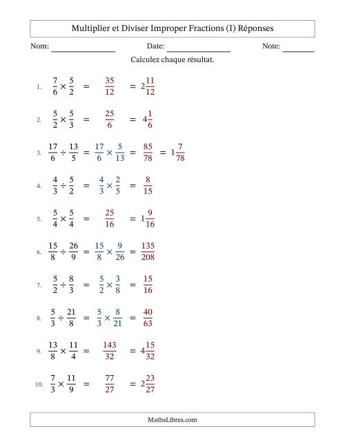 Multiplier et diviser deux fractions impropres, et sans simplification (Remplissable) (I) page 2