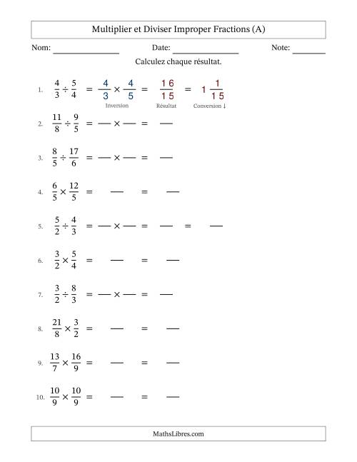 Multiplier et diviser deux fractions impropres, et sans simplification (Remplissable) (Tout)