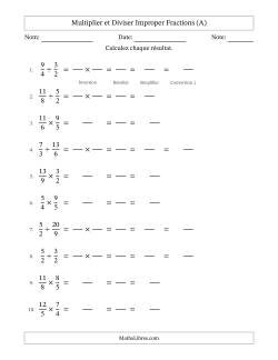 Multiplier et diviser deux fractions impropres, et avec simplification dans tous les problèmes (Remplissable)