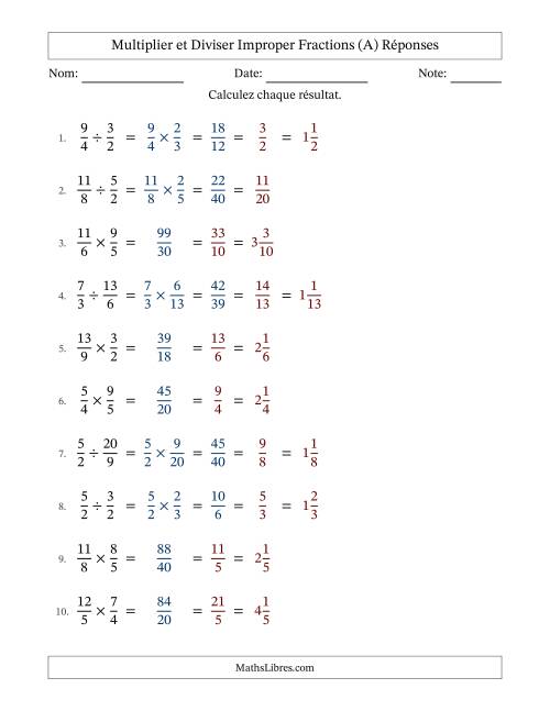 Multiplier et diviser deux fractions impropres, et avec simplification dans tous les problèmes (Remplissable) (A) page 2
