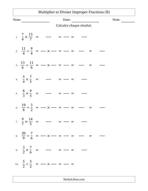 Multiplier et diviser deux fractions impropres, et avec simplification dans tous les problèmes (Remplissable) (B)