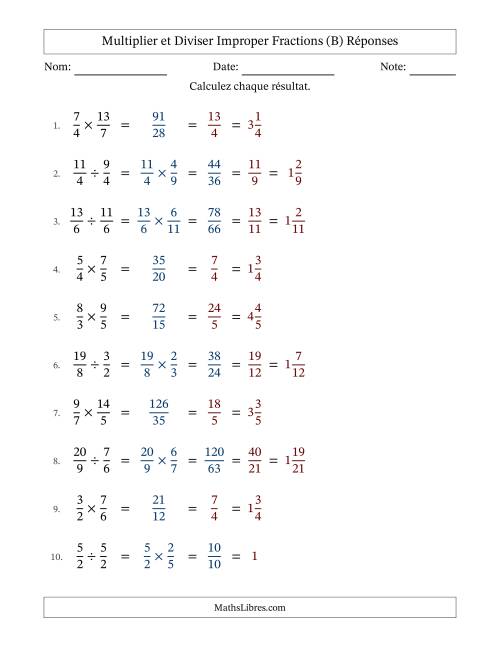 Multiplier et diviser deux fractions impropres, et avec simplification dans tous les problèmes (Remplissable) (B) page 2