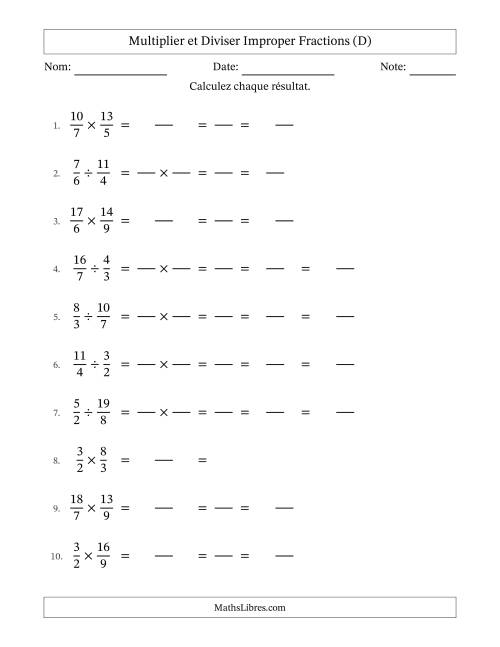 Multiplier et diviser deux fractions impropres, et avec simplification dans tous les problèmes (Remplissable) (D)