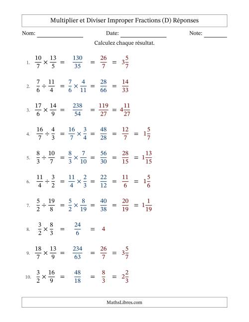 Multiplier et diviser deux fractions impropres, et avec simplification dans tous les problèmes (Remplissable) (D) page 2