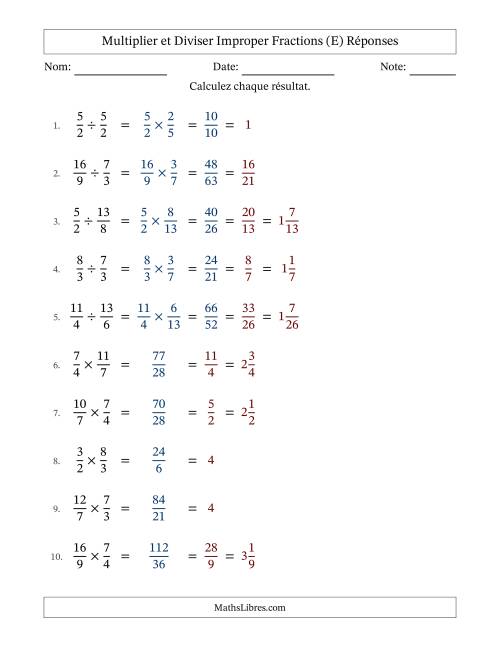 Multiplier et diviser deux fractions impropres, et avec simplification dans tous les problèmes (Remplissable) (E) page 2