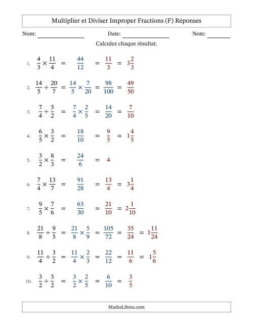 Multiplier et diviser deux fractions impropres, et avec simplification dans tous les problèmes (Remplissable) (F) page 2