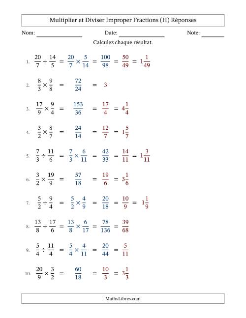 Multiplier et diviser deux fractions impropres, et avec simplification dans tous les problèmes (Remplissable) (H) page 2