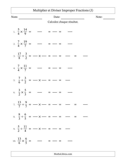 Multiplier et diviser deux fractions impropres, et avec simplification dans tous les problèmes (Remplissable) (J)