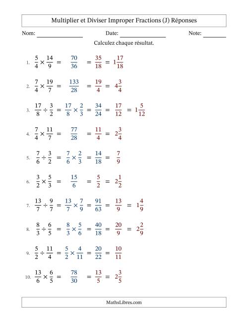 Multiplier et diviser deux fractions impropres, et avec simplification dans tous les problèmes (Remplissable) (J) page 2