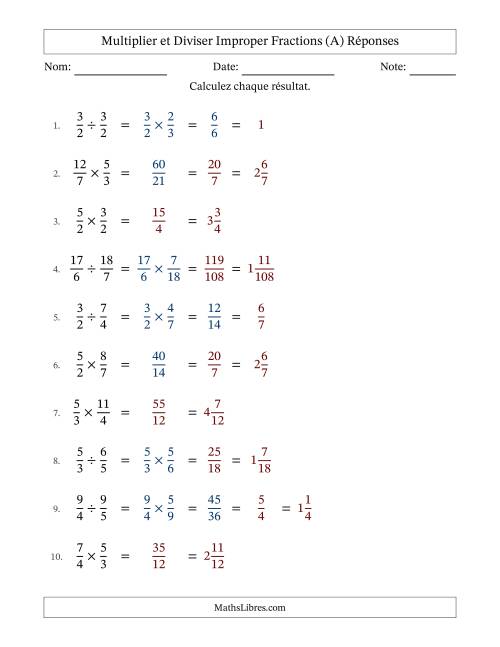 Multiplier et diviser deux fractions impropres, et avec simplification dans quelques problèmes (Remplissable) (A) page 2
