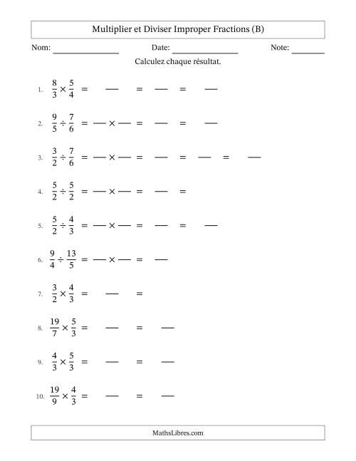 Multiplier et diviser deux fractions impropres, et avec simplification dans quelques problèmes (Remplissable) (B)