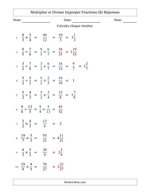 Multiplier et diviser deux fractions impropres, et avec simplification dans quelques problèmes (Remplissable) (B) page 2