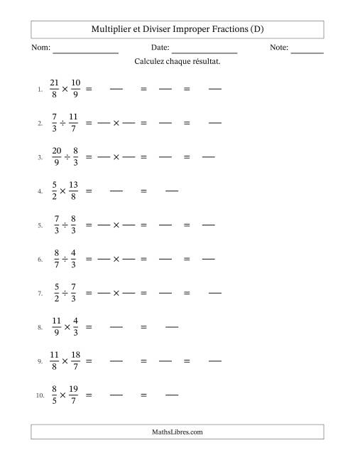 Multiplier et diviser deux fractions impropres, et avec simplification dans quelques problèmes (Remplissable) (D)