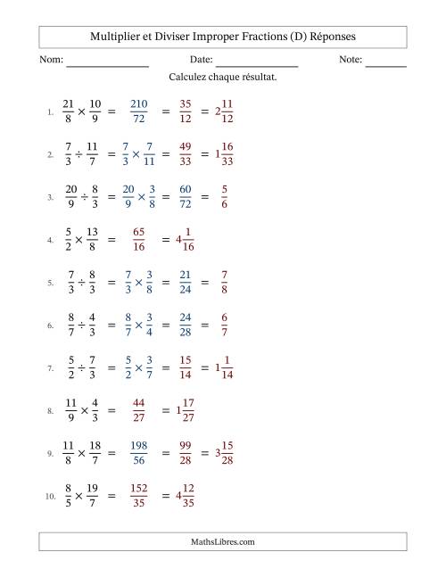Multiplier et diviser deux fractions impropres, et avec simplification dans quelques problèmes (Remplissable) (D) page 2