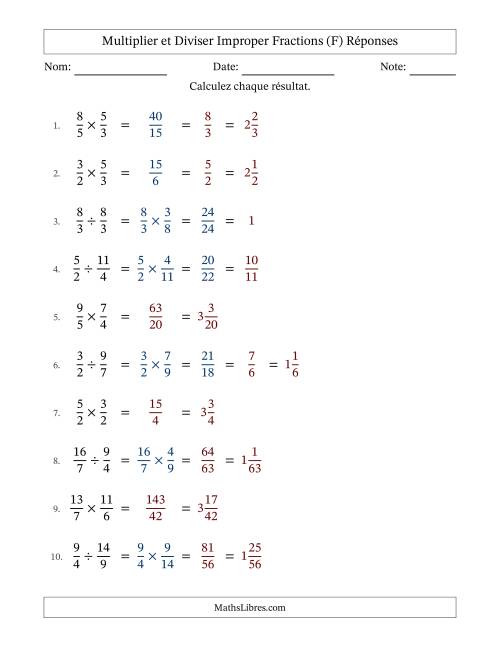 Multiplier et diviser deux fractions impropres, et avec simplification dans quelques problèmes (Remplissable) (F) page 2
