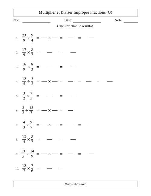 Multiplier et diviser deux fractions impropres, et avec simplification dans quelques problèmes (Remplissable) (G)