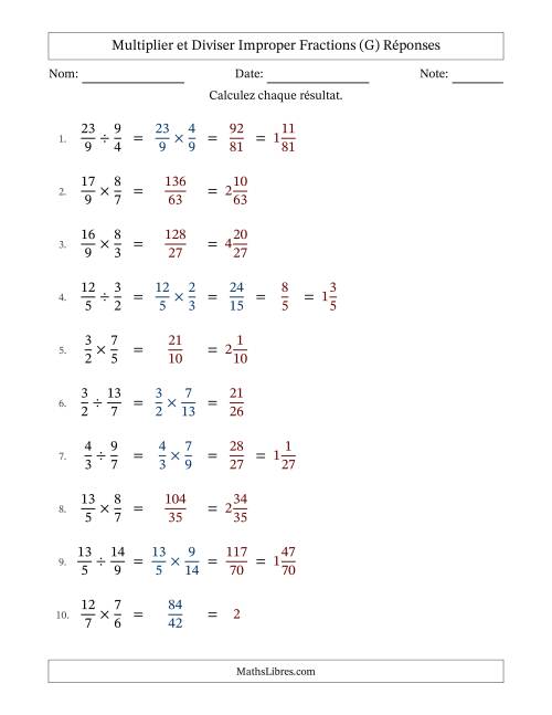 Multiplier et diviser deux fractions impropres, et avec simplification dans quelques problèmes (Remplissable) (G) page 2