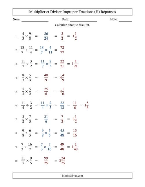 Multiplier et diviser deux fractions impropres, et avec simplification dans quelques problèmes (Remplissable) (H) page 2