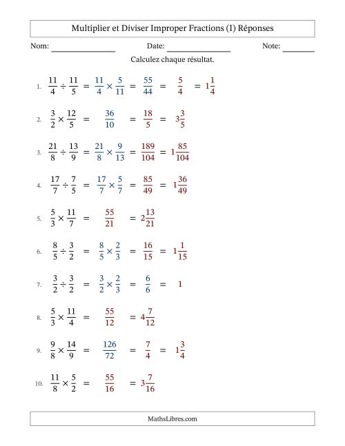 Multiplier et diviser deux fractions impropres, et avec simplification dans quelques problèmes (Remplissable) (I) page 2