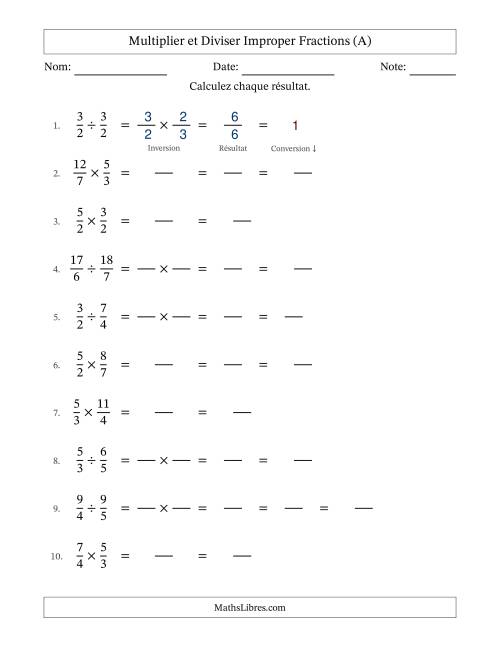 Multiplier et diviser deux fractions impropres, et avec simplification dans quelques problèmes (Remplissable) (Tout)