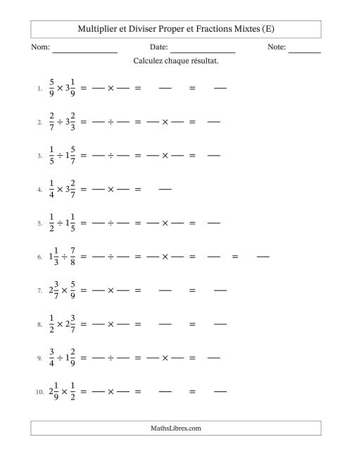 Multiplier et diviser Proper et fractions mixtes, et sans simplification (Remplissable) (E)