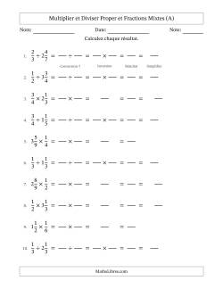 Multiplier et diviser Proper et fractions mixtes, et avec simplification dans tous les problèmes (Remplissable)