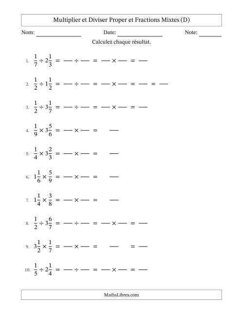 Multiplier et diviser Proper et fractions mixtes, et avec simplification dans quelques problèmes (Remplissable) (D)