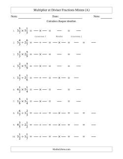 Multiplier et diviser deux fractions mixtes, et sans simplification (Remplissable)