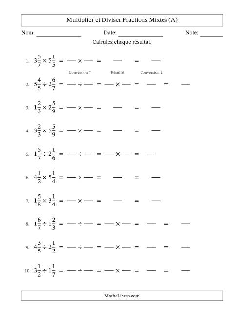 Multiplier et diviser deux fractions mixtes, et sans simplification (Remplissable) (A)