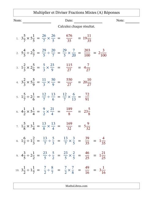 Multiplier et diviser deux fractions mixtes, et sans simplification (Remplissable) (A) page 2