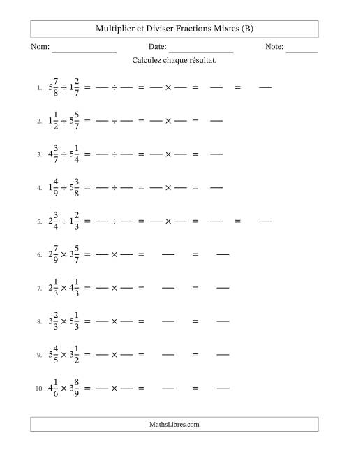 Multiplier et diviser deux fractions mixtes, et sans simplification (Remplissable) (B)
