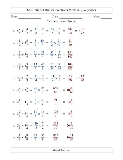 Multiplier et diviser deux fractions mixtes, et sans simplification (Remplissable) (B) page 2