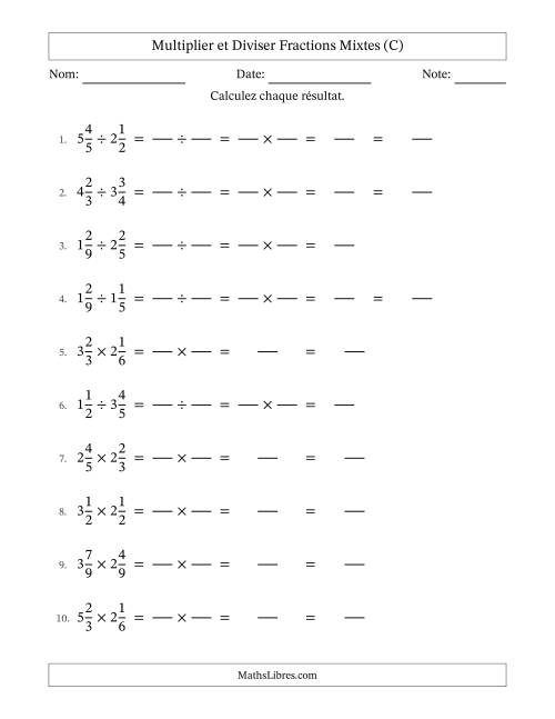Multiplier et diviser deux fractions mixtes, et sans simplification (Remplissable) (C)