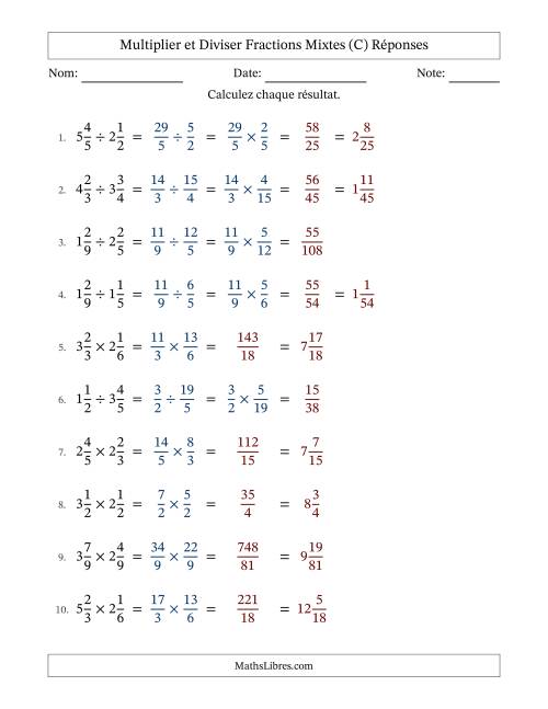 Multiplier et diviser deux fractions mixtes, et sans simplification (Remplissable) (C) page 2