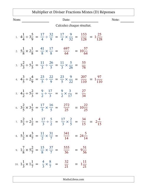 Multiplier et diviser deux fractions mixtes, et sans simplification (Remplissable) (D) page 2