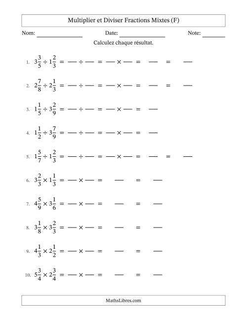 Multiplier et diviser deux fractions mixtes, et sans simplification (Remplissable) (F)